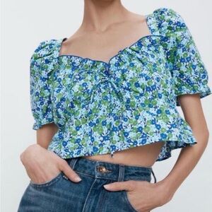 🪻Zara Floral Blue and Green Women's Top ✨
